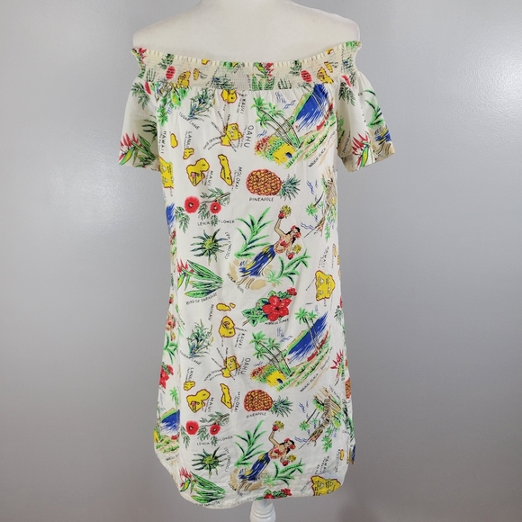 J. CREW colorful Hawaiian printed off-shoulder cotton popover mini shift dress - Picture 2 of 14